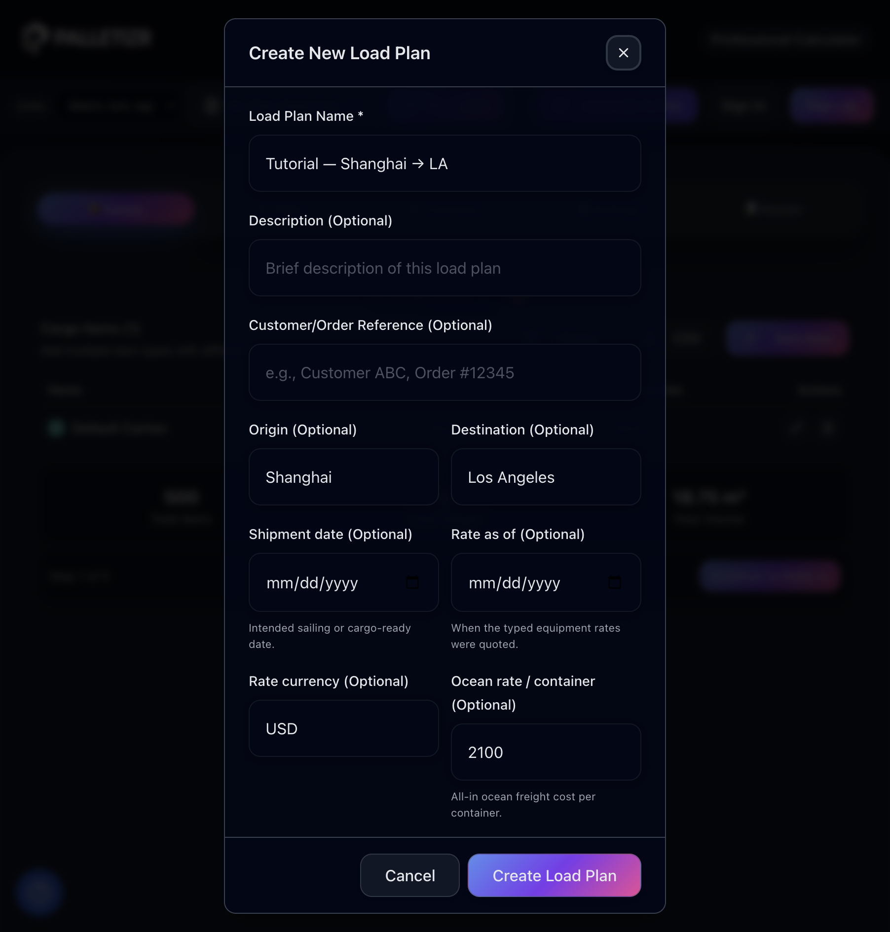 Create New Load Plan modal with origin, destination, and ocean rate fields