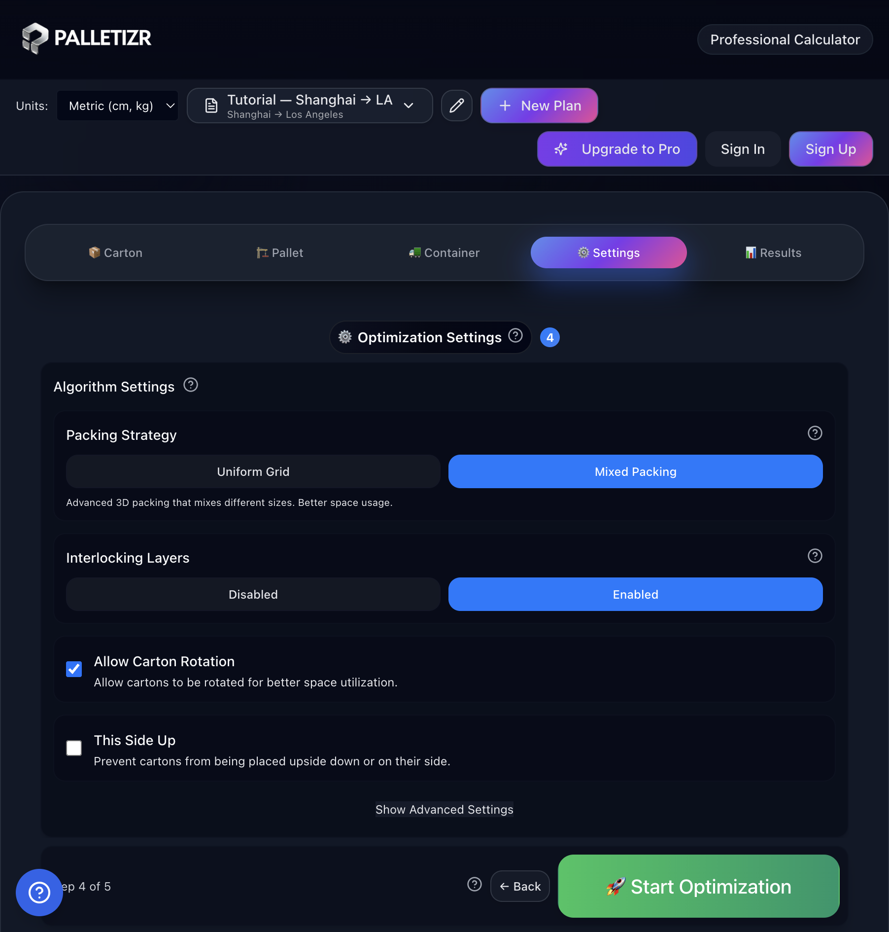 Settings tab with Start Optimization button
