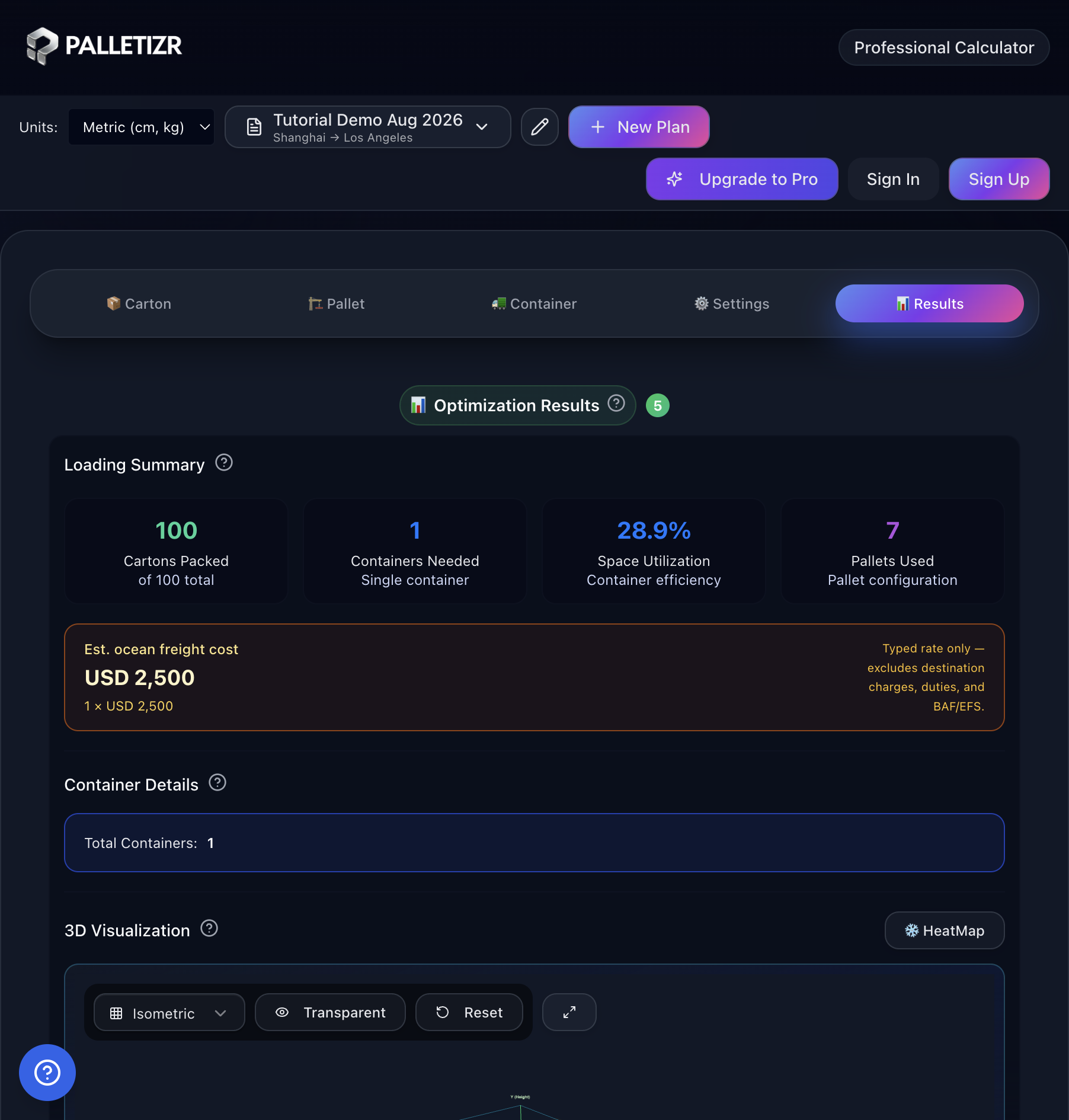 Results tab showing freight cost banner, Share link, and export buttons after optimization