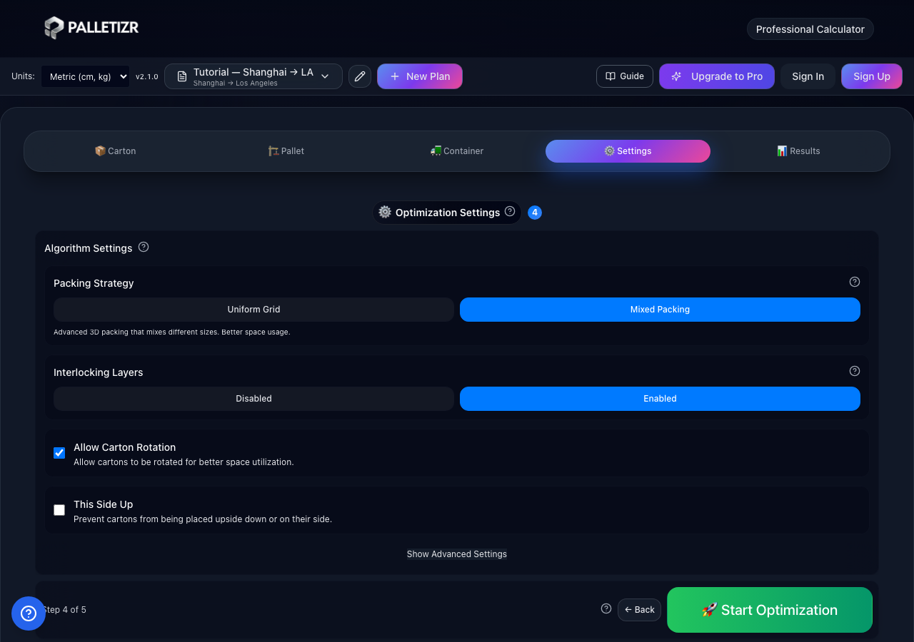 Settings tab with Start Optimization button