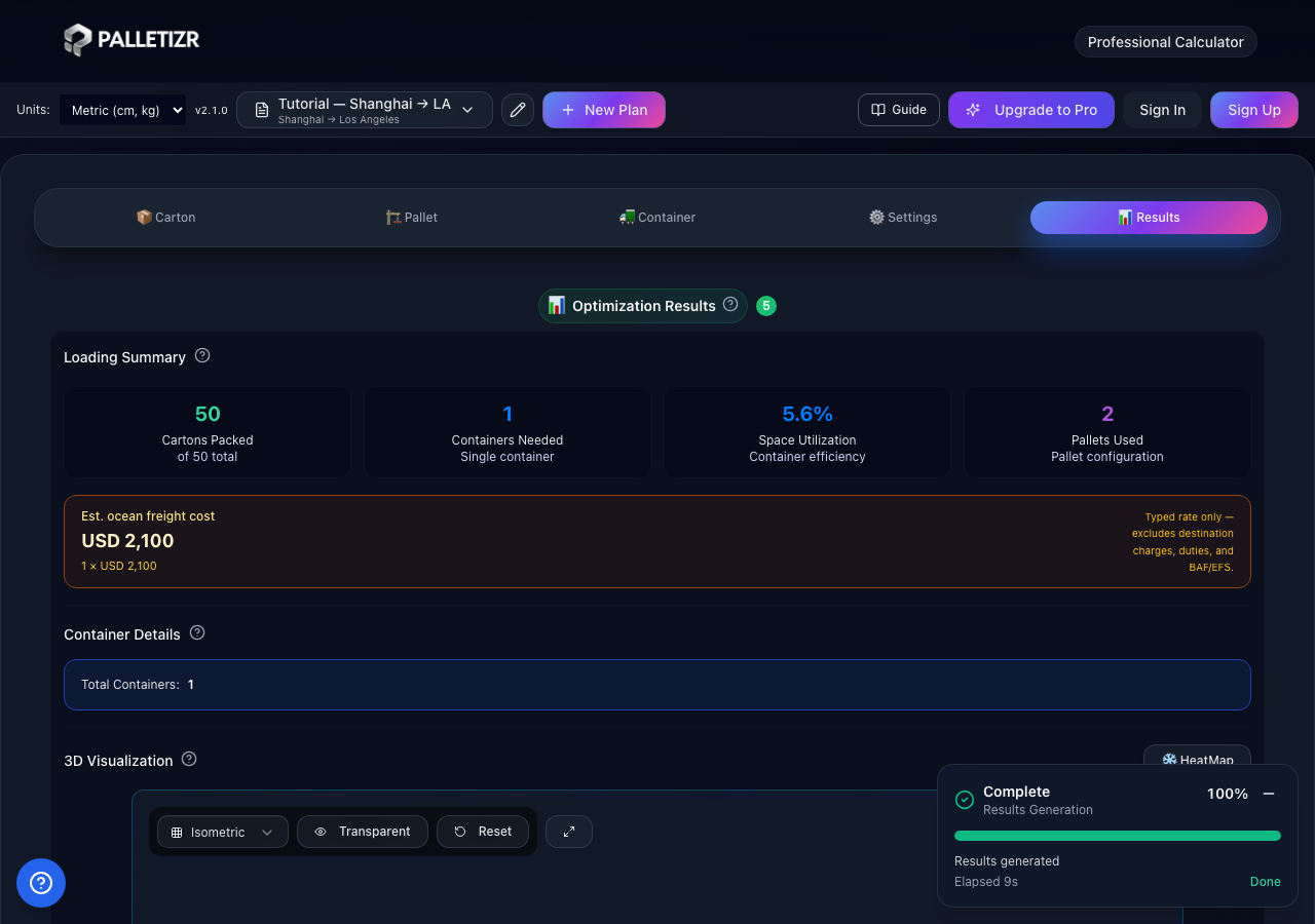 Results tab showing loading summary, amber Est. ocean freight cost banner, and 3D view controls