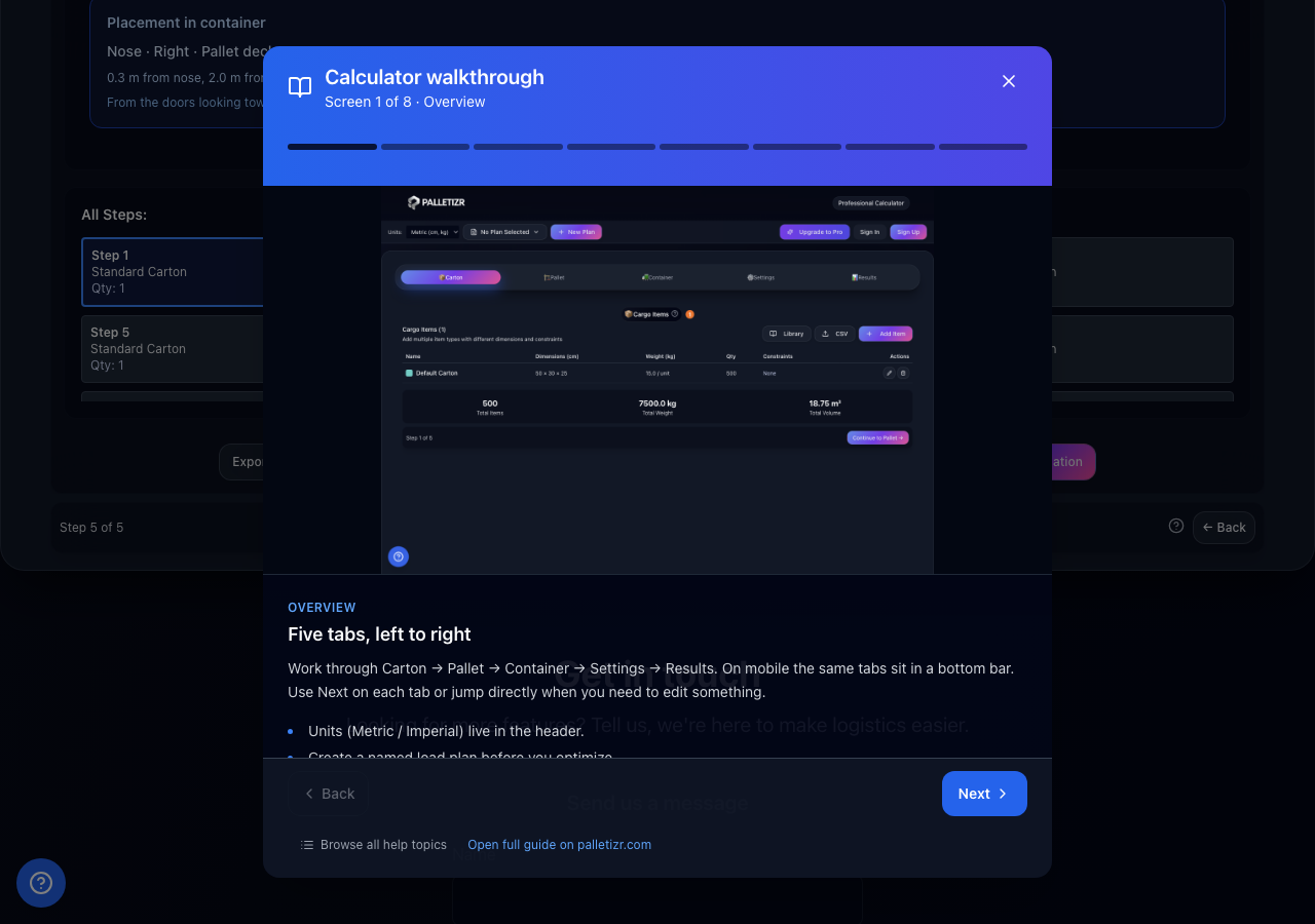 Calculator walkthrough modal with screenshot, progress bar, and Next button