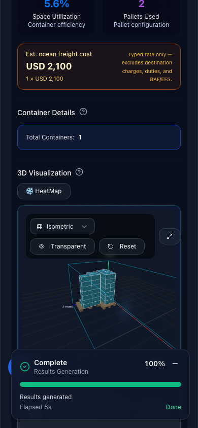 Palletizr iPhone app showing utilization metrics, estimated freight cost, and 3D container preview