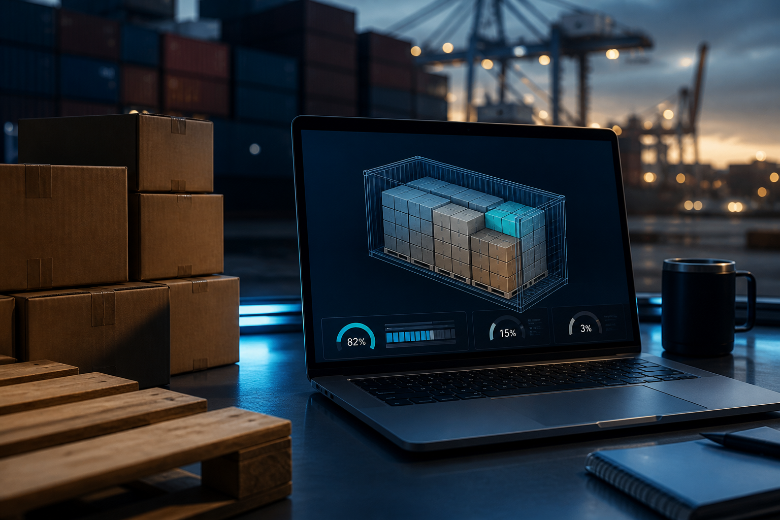 Palletizr logistics tools — container load planning on a laptop at a terminal